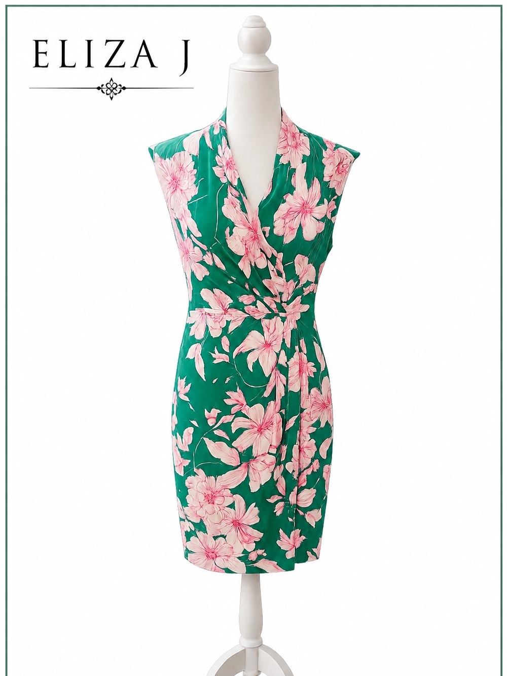 Eliza J Green Pink Floral Faux Wrap Sheath Dress Size 8 Cap Sleeve Stretch